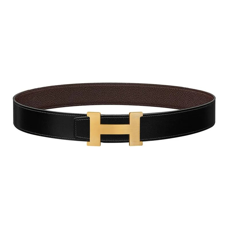 HERMES Constance Gold Buckle Togo Calfskin Double Sided Leather Belt Men's Black/Chocolate Width  3.8cm-1