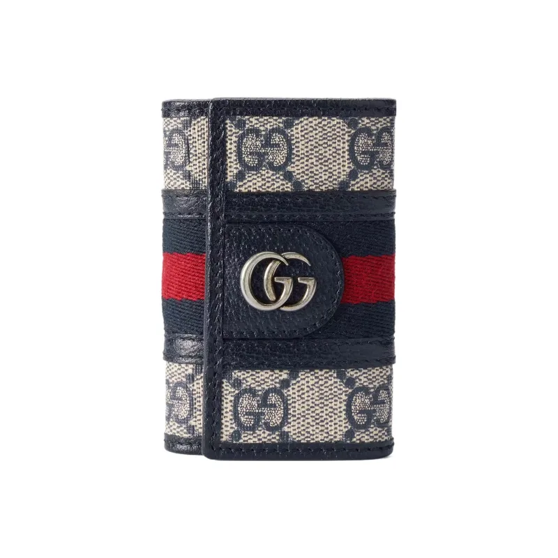 GUCCI Ophidia Canvas Leather Trim Key Pouch Women's Beige/Blue-0