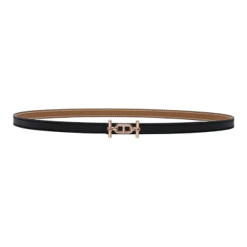 HERMES Rose Gold Buckle Togo Calfskin Belt Women's Black Width 1.3cm