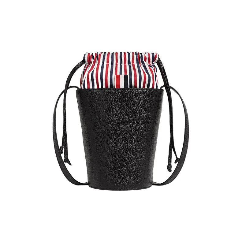 THOM BROWNE· Full Grain Leather With Calfskin Bucket Bags Crossbody Bag, Shoulder Bag Women's Black-0