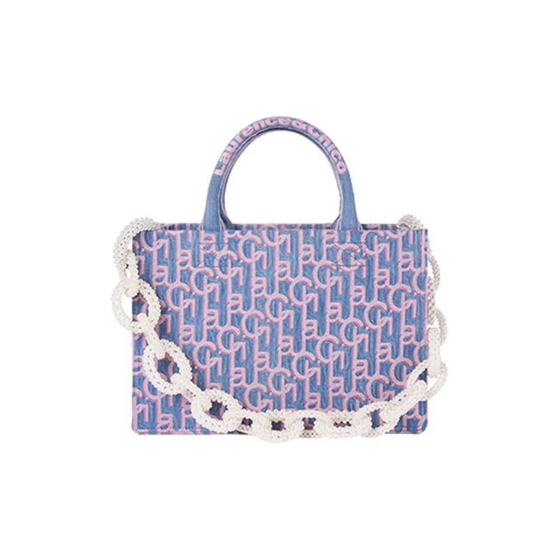 Laurence & Chico Cotton One Shoulder Handbag Medium Size Women's Pink Blue-1