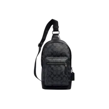 COACH Leather One Shoulder Crossbody Bag, Sling Bag Trumpets Men's Charcoal Black Monogram