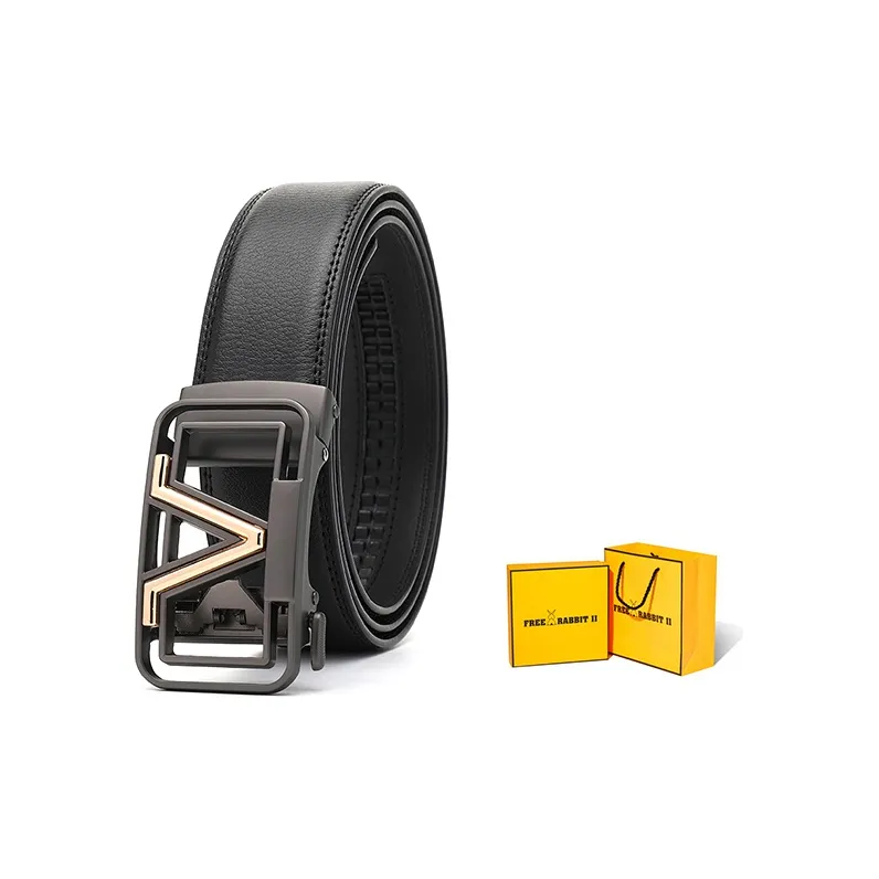FREE RABBITⅡ V Shaped Letter Logo Dynamic Buckle Cow Leather Leather Belts Men's Width  3.5cm-4