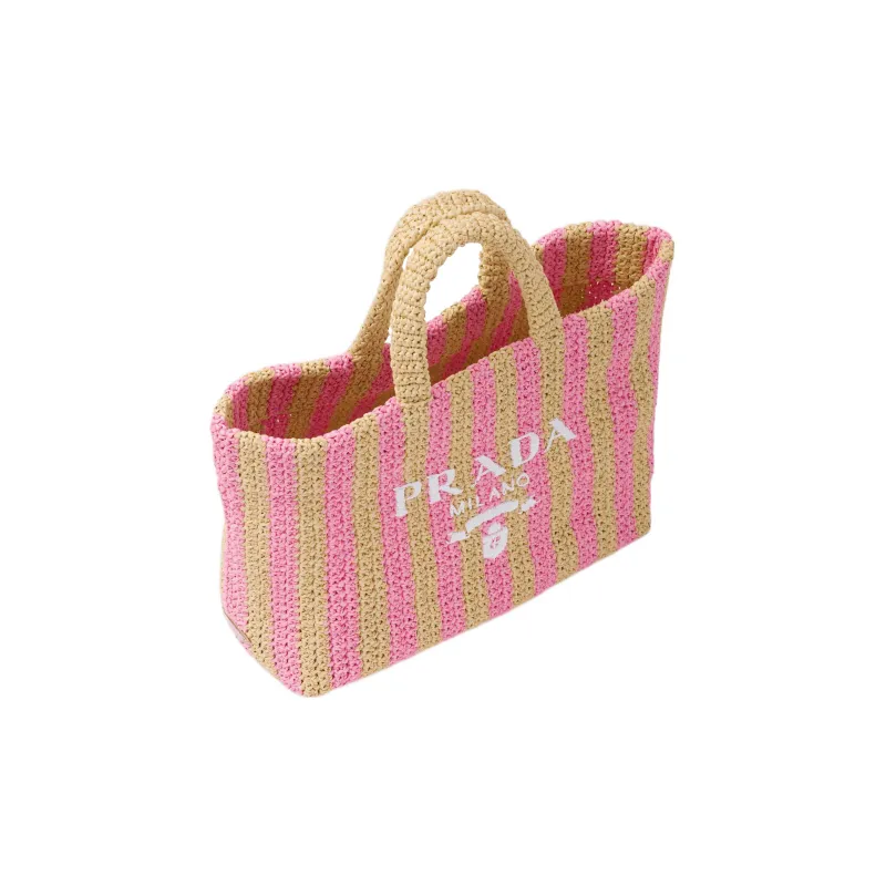 PRADA Raffia Fiber Tote Bag, Shopping Bag, Handbag Tubas Women's Tan/Petal Pink-2