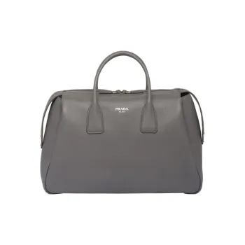 PRADA Leather Portable Travel Bag Men's Gray