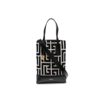 BALMAIN Jacquard Calfskin Trim Bucket Bag, Shoulder Bag, Crossbody Bag Women's Beige/Black