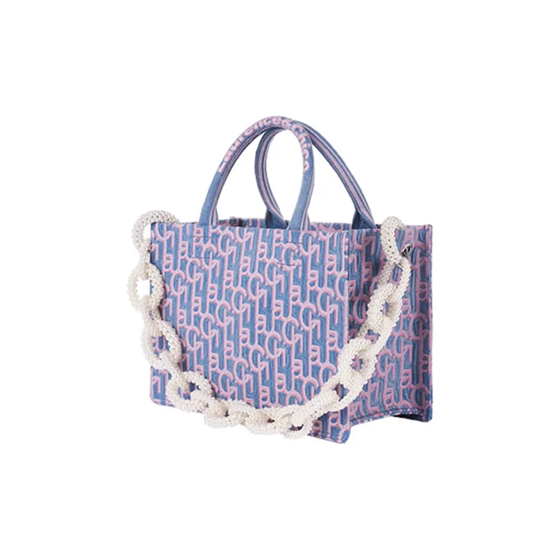 Laurence & Chico Cotton One Shoulder Handbag Medium Size Women's Pink Blue-2