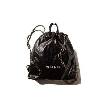 CHANEL Silver Logo Calfskin Backpack Tubas Women's Black