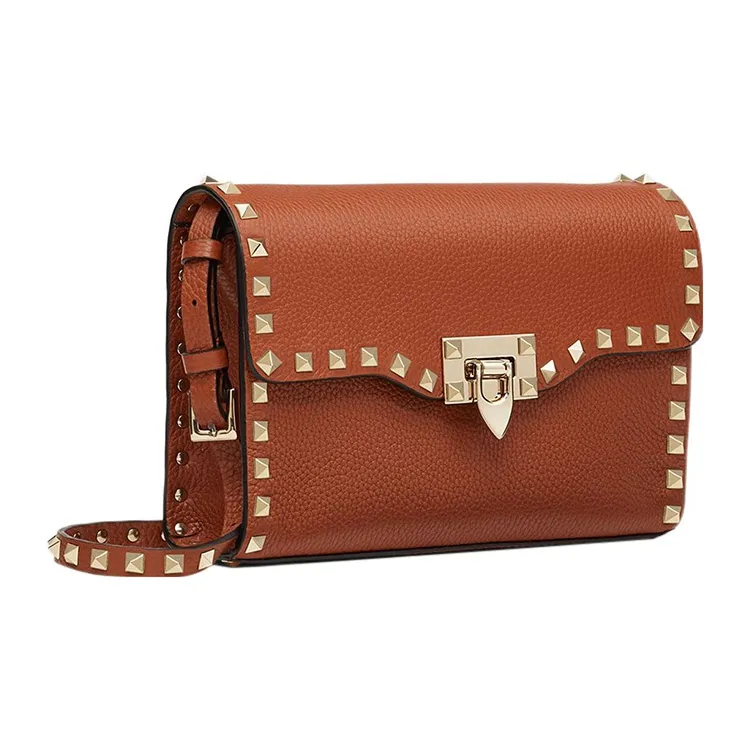 Valentino Rockstud Calfskin Messenger Bag Shoulder Bag Crossbody Bag Women's Brown-1