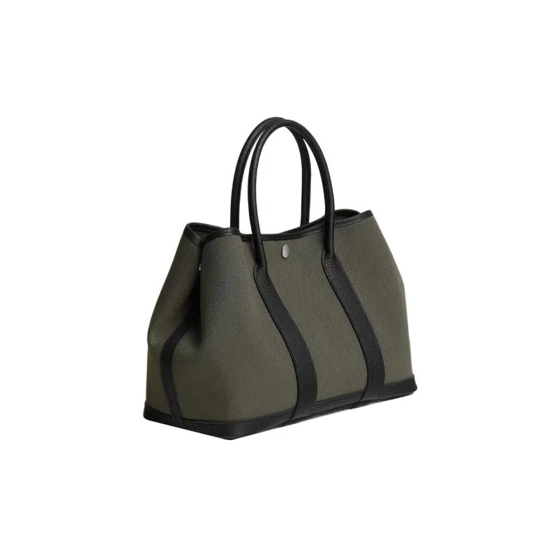HERMES Garden Party Canvas With Negonda Calfskin Garden Bag Shoulder Bag Crossbody Bag Handbag Unisex Gray Green/Black-1