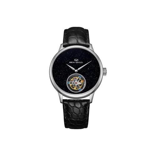 Sea Gull Aventurine Tourbillon Manual Mechanical Movement Genuine Leather Strap Watch Men's Watches Black Dial