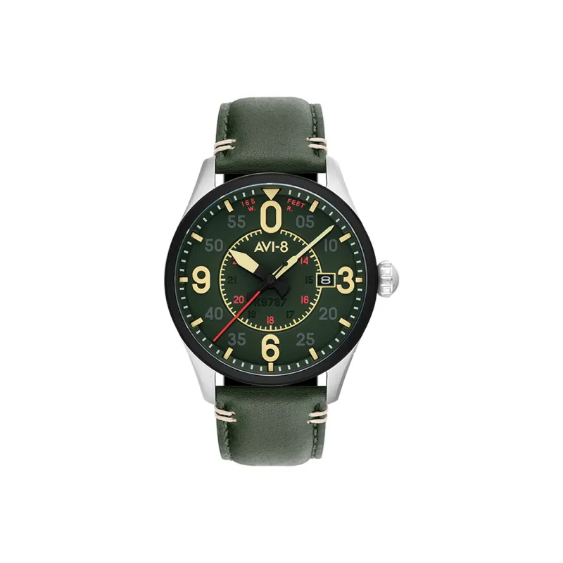 AVI 8 Wrist Watch Automatic Mechanical Movement Genuine Leather Strap Green Dial Men's Watches AV 4090 03-1