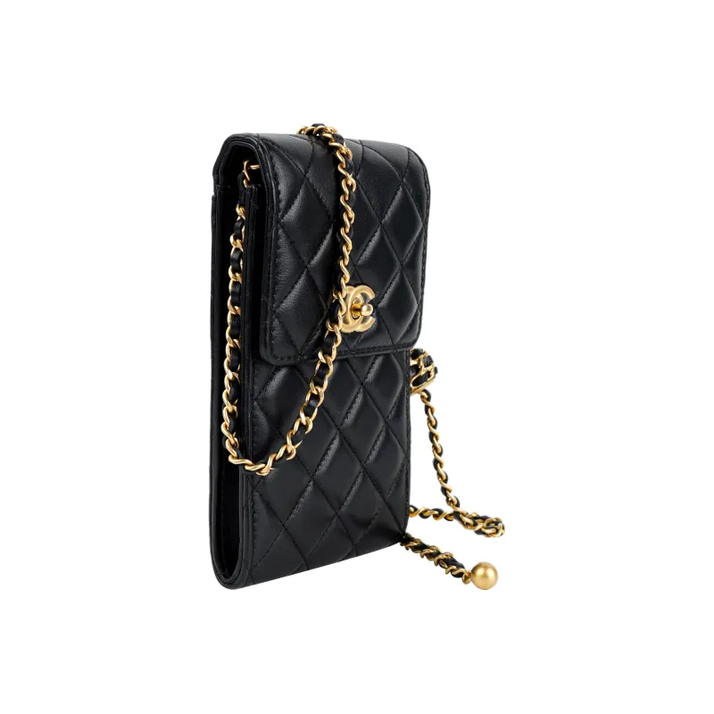 CHANEL Sheepskin Shoulder Bag, Crossbody Bag, Cell Phone Pouch Women's Black-1