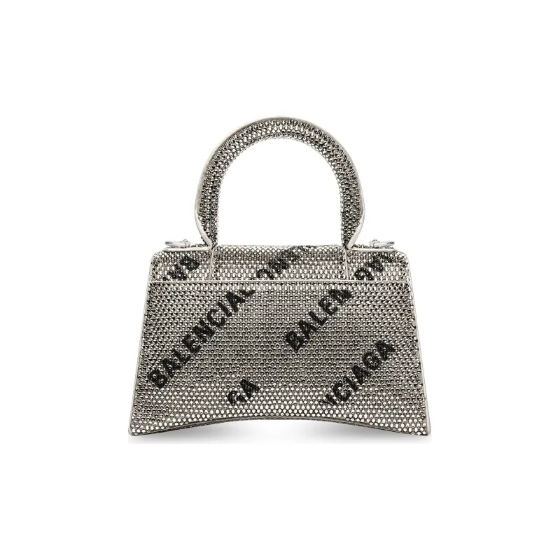 Balenciaga Hourglass Xs Handbag With Chain And Allover Logo Rhinestones Black-2