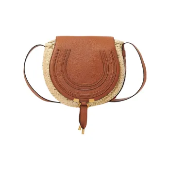 Chloe Marcie Palm Leaf With Grain Calfskin Detail Saddle Bag, Shoulder Bag, Crossbody Bag Small Size Women's Tea Brown