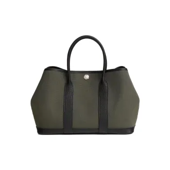 HERMES Garden Party Canvas With Negonda Calfskin Garden Bag Shoulder Bag Crossbody Bag Handbag Unisex Gray Green/Black