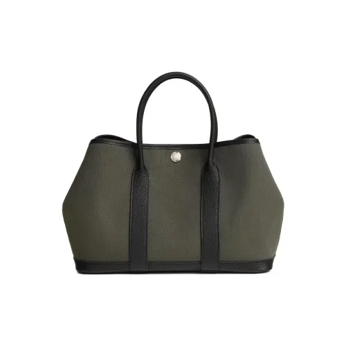 HERMES Garden Party Canvas With Negonda Calfskin Garden Bag Shoulder Bag Crossbody Bag Handbag Unisex Gray Green/Black