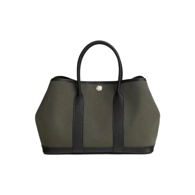 HERMES Garden Party Canvas With Negonda Calfskin Garden Bag Shoulder Bag Crossbody Bag Handbag Unisex Gray Green/Black-0