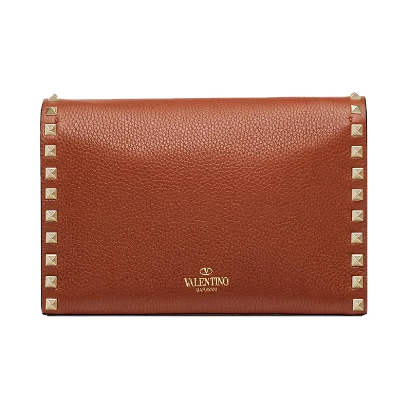 Valentino Rockstud Calfskin Messenger Bag Shoulder Bag Crossbody Bag Women's Brown-2