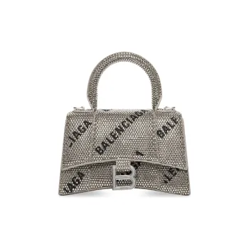 Balenciaga Hourglass Xs Handbag With Chain And Allover Logo Rhinestones Black