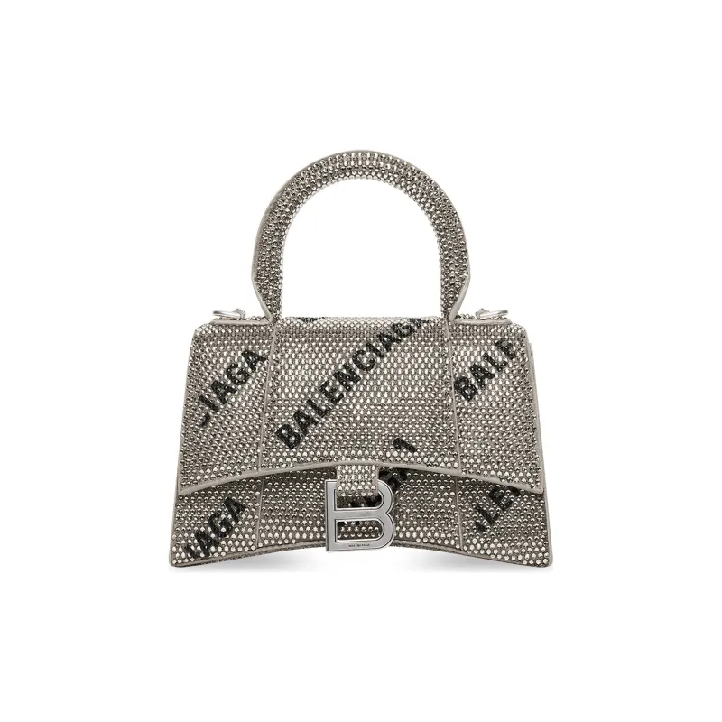 Balenciaga Hourglass Xs Handbag With Chain And Allover Logo Rhinestones Black-0