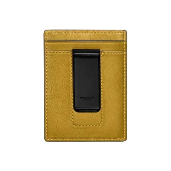 COACH Card Case Calfskin Money Clip Card Holder Mini Men's Linen Yellow-1