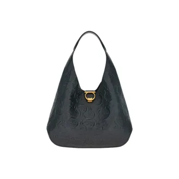 FERRAGAMO GANCINI Calfskin Handbag, Shoulder Bag Women's Black