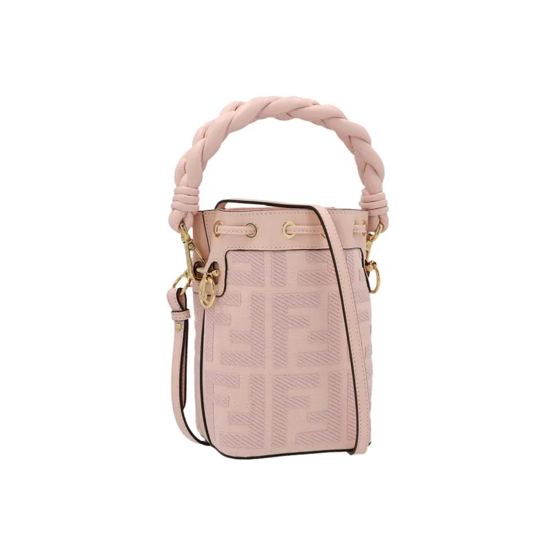 FENDI Canvas With Leather Trim Bucket Bags Shoulder Bag Crossbody Bag Handbag Small Size Women's Pink-1