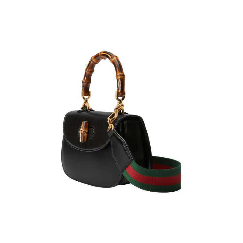GUCCI Bamboo 1947 Leather Shoulder Bag Crossbody Bag Handbag Small Size Women's Black-2