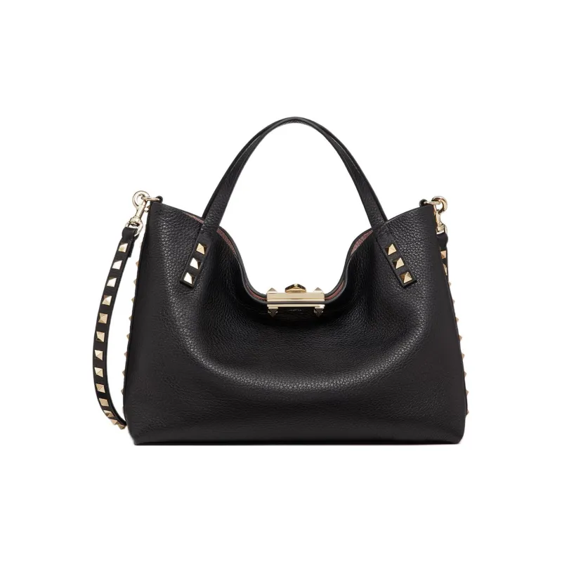 Valentino ROCKSTUD Grained Calfskin Shoulder Bags Handbags Small Size Women's Black-0