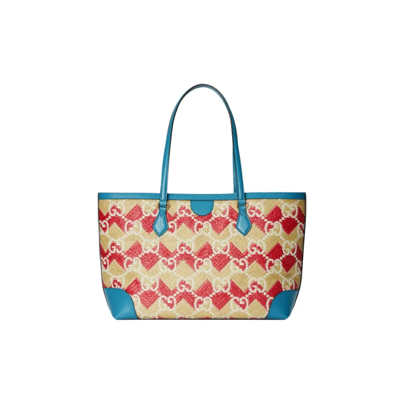 GUCCI Straw With Leather Trim Tote Bag Shopping Bag Shoulder Bag Handbag Regular Women's Red/Blue-1