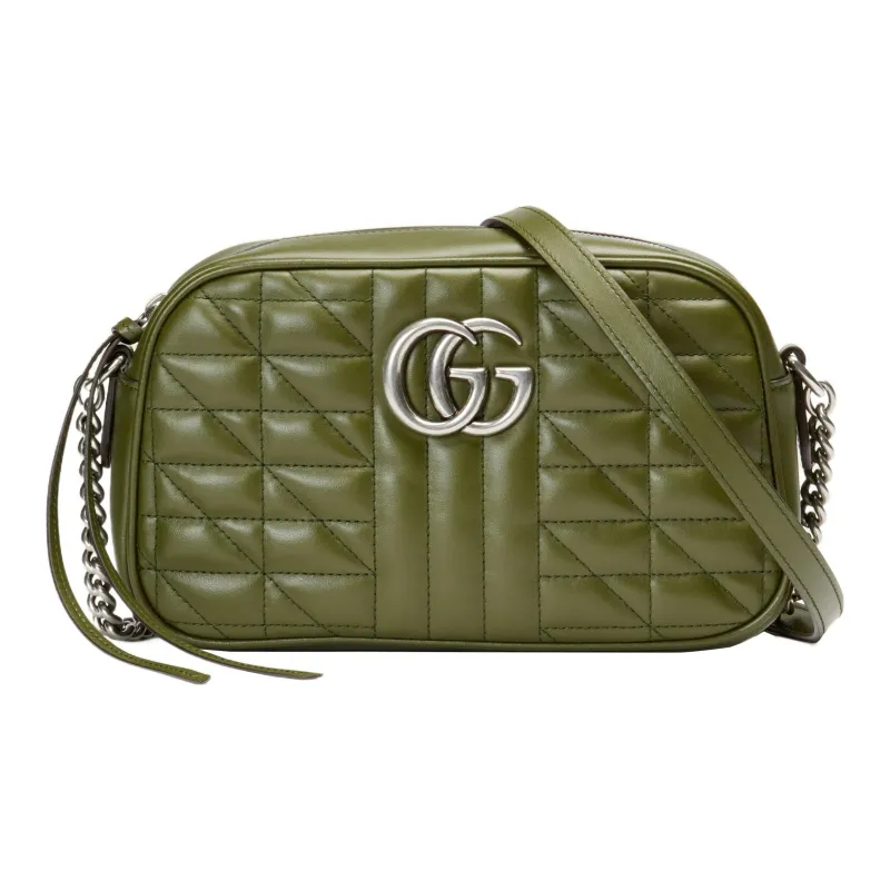 GUCCI GG Marmont Leather Camera Bag, Shoulder Bag, Crossbody Bag Trumpets Women's Grass Green-0