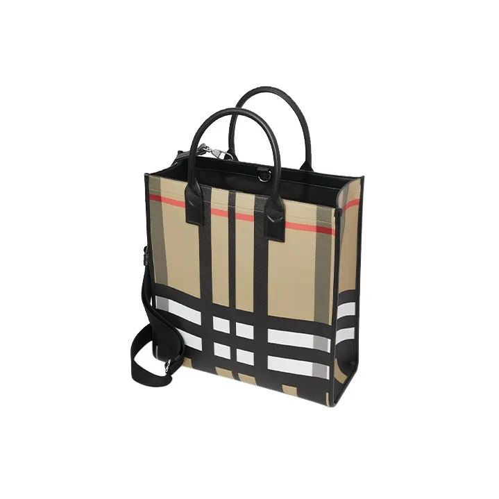Burberry Exaggerated Check And Leather Tote Bag Archive Beige/Black-1