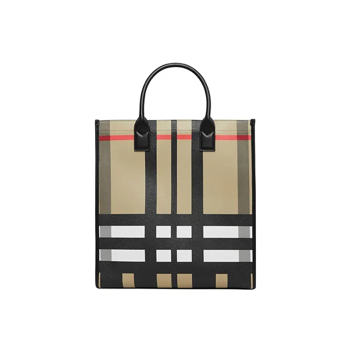 Burberry Exaggerated Check And Leather Tote Bag Archive Beige/Black-0