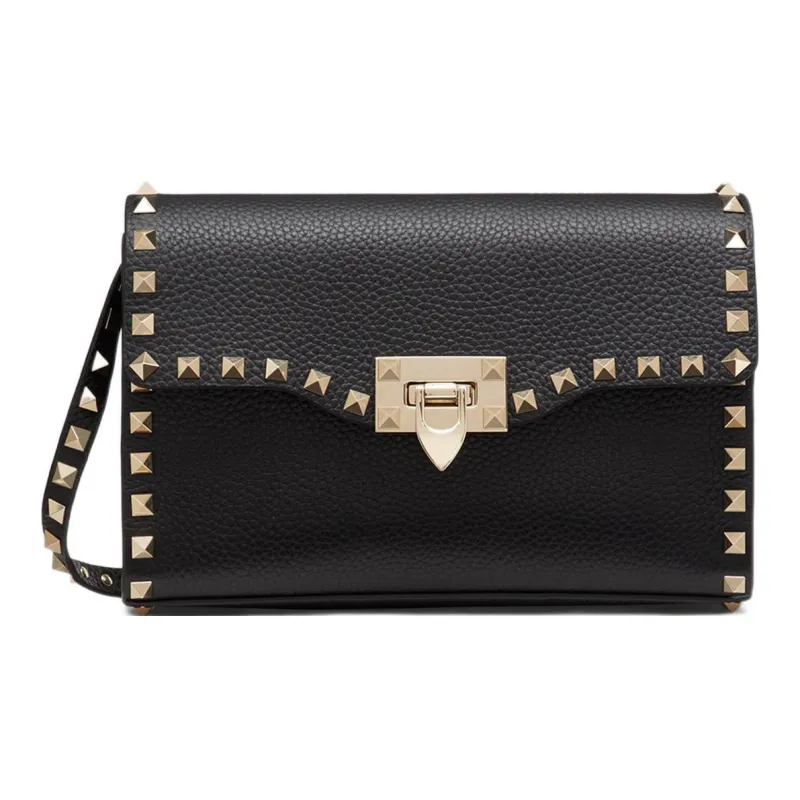 Valentino Rockstud Calfskin Messenger Bag Shoulder Bag, Crossbody Bag Small Size Women's Black-0