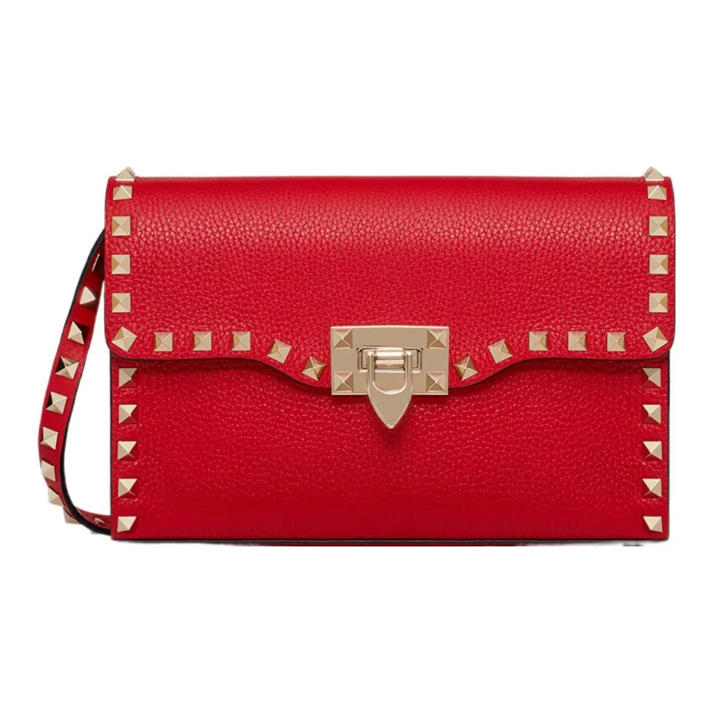 Valentino Rockstud Calfskin Messenger Bag Shoulder Bag, Crossbody Bag Women's Red-0