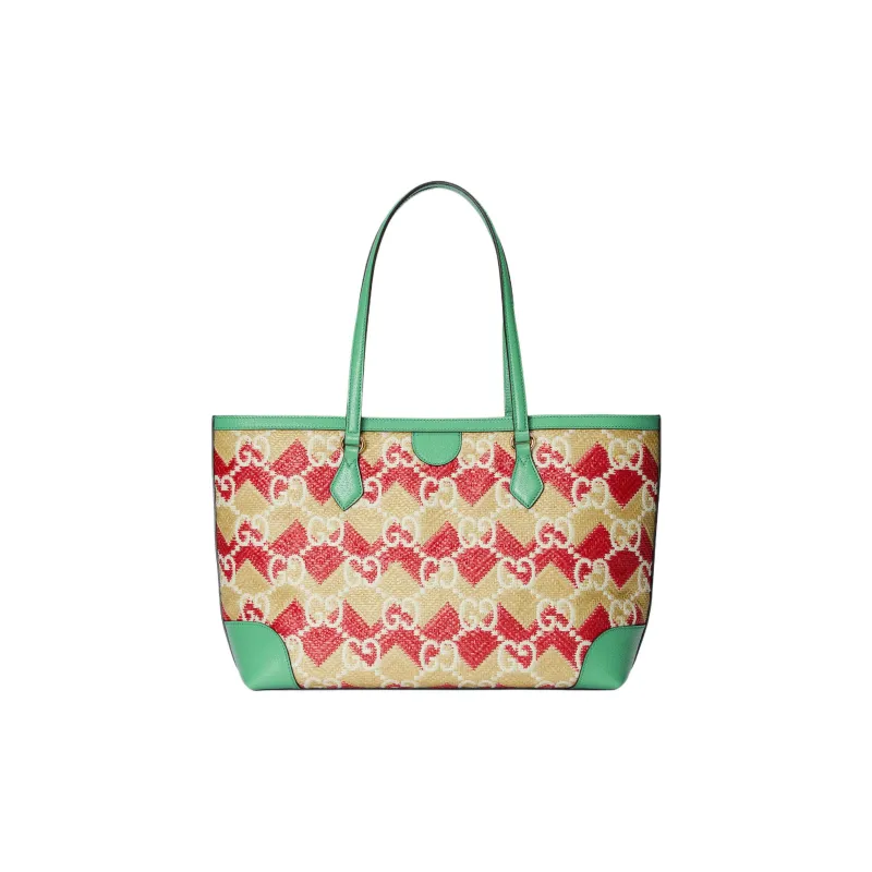 GUCCI Straw With Leather Trim Tote Bag Shopping Bag Shoulder Bag Handbag Regular Women's Pink/Green/White-1