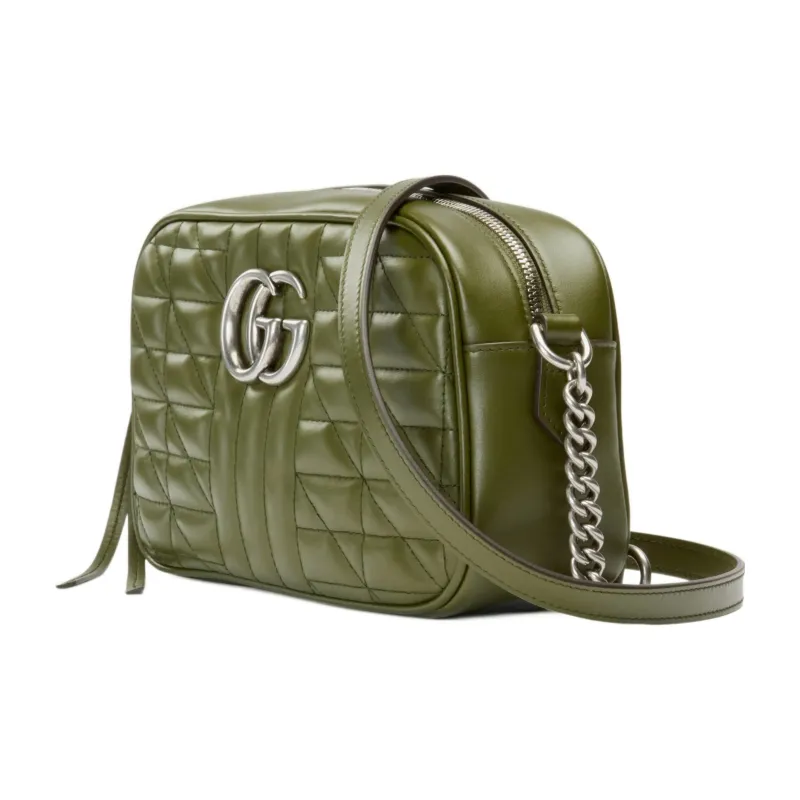 GUCCI GG Marmont Leather Camera Bag, Shoulder Bag, Crossbody Bag Trumpets Women's Grass Green-2