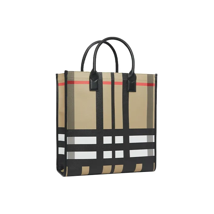 Burberry Exaggerated Check And Leather Tote Bag Archive Beige/Black-2