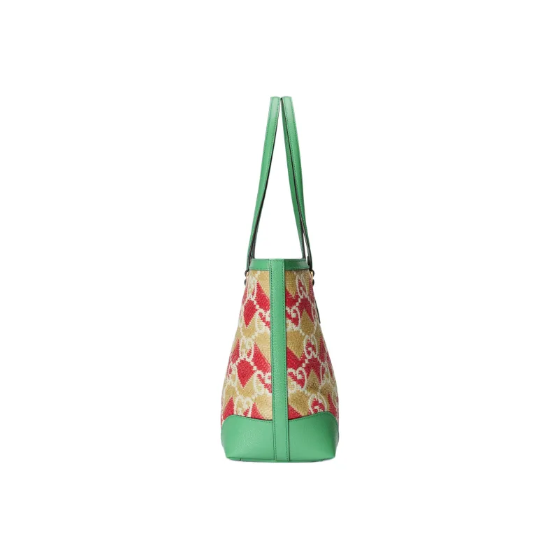 GUCCI Straw With Leather Trim Tote Bag Shopping Bag Shoulder Bag Handbag Regular Women's Pink/Green/White-3