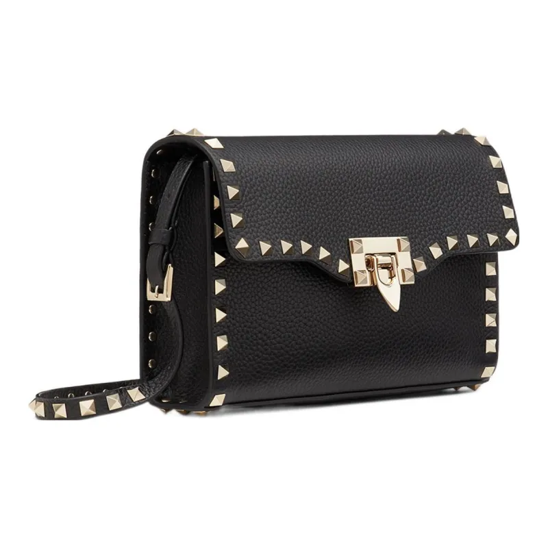 Valentino Rockstud Calfskin Messenger Bag Shoulder Bag, Crossbody Bag Small Size Women's Black-1