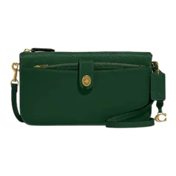 COACH NOA Glossy Pebbled Leather Shoulder Bag Crossbody Bag Women's Black Pine Green