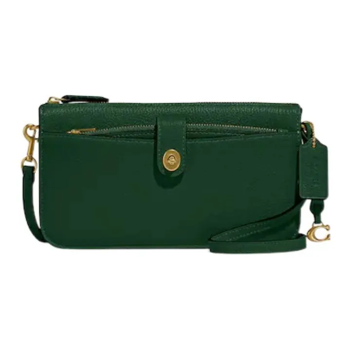 COACH NOA Glossy Pebbled Leather Shoulder Bag Crossbody Bag Women's Black Pine Green-0