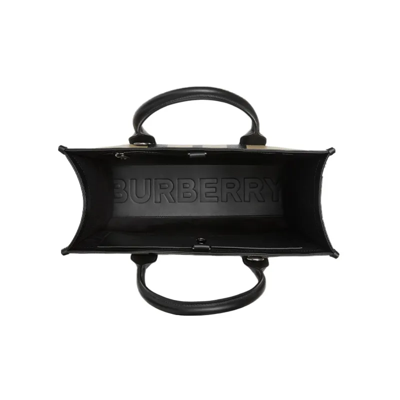 Burberry Exaggerated Check And Leather Tote Bag Archive Beige/Black-4