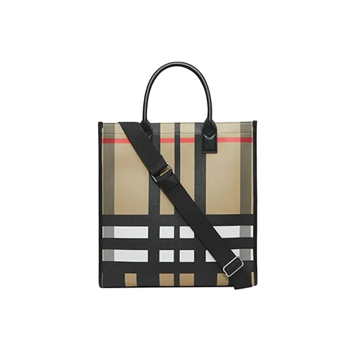 Burberry Exaggerated Check And Leather Tote Bag Archive Beige/Black-3