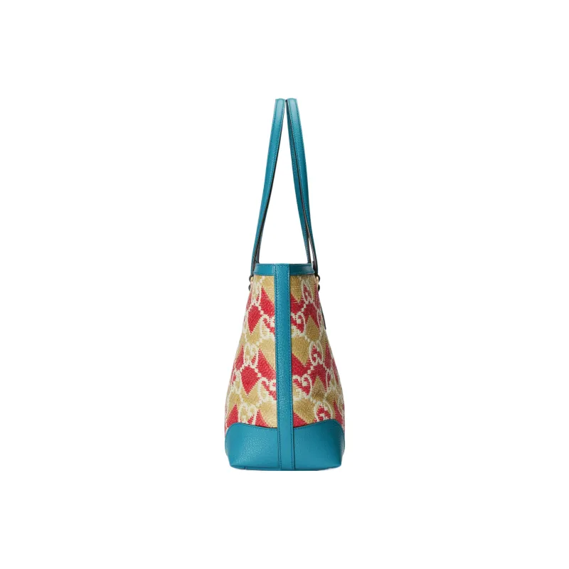 GUCCI Straw With Leather Trim Tote Bag Shopping Bag Shoulder Bag Handbag Regular Women's Red/Blue-3