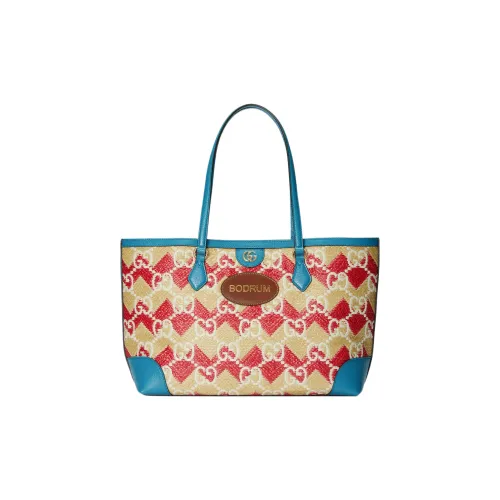 GUCCI Straw With Leather Trim Tote Bag Shopping Bag Shoulder Bag Handbag Regular Women's Red/Blue