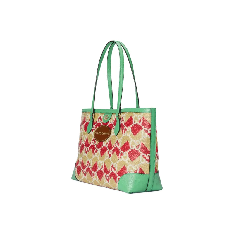 GUCCI Straw With Leather Trim Tote Bag Shopping Bag Shoulder Bag Handbag Regular Women's Pink/Green/White-2