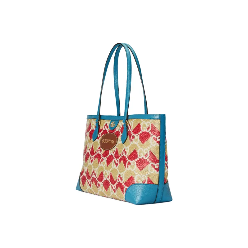 GUCCI Straw With Leather Trim Tote Bag Shopping Bag Shoulder Bag Handbag Regular Women's Red/Blue-2