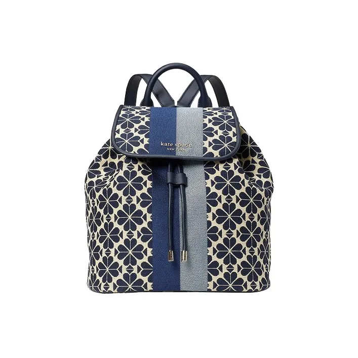 Kate Spade Spade Flower Smooth Leather Trim Jacquard Fabric Backpack Medium Size Women's Marine Blue & White-0
